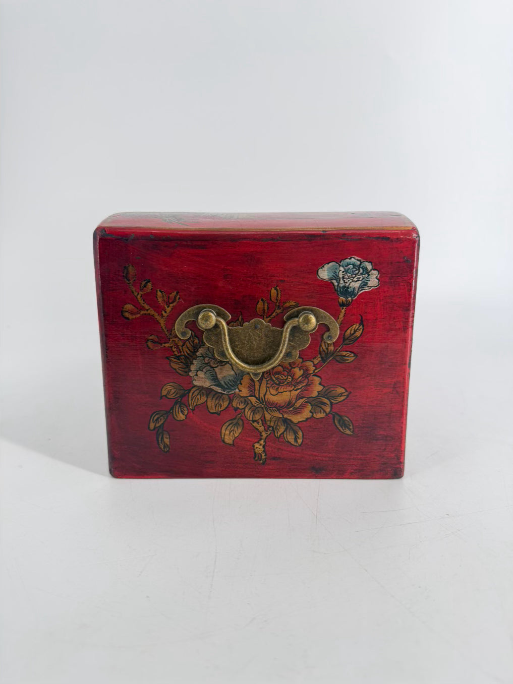 Red, Gold & Black Wood Hand painted Oriental Jewelry Box w/ Mirror