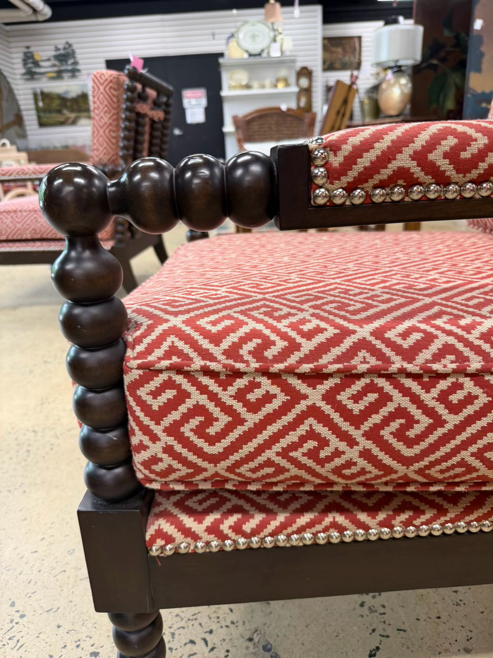 Wood Spindle Pair Of Chairs w/ Rust & White Fabric
