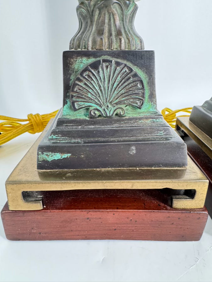 WILDWOOD Brass, Glass & Wood Column Pair of Lamps