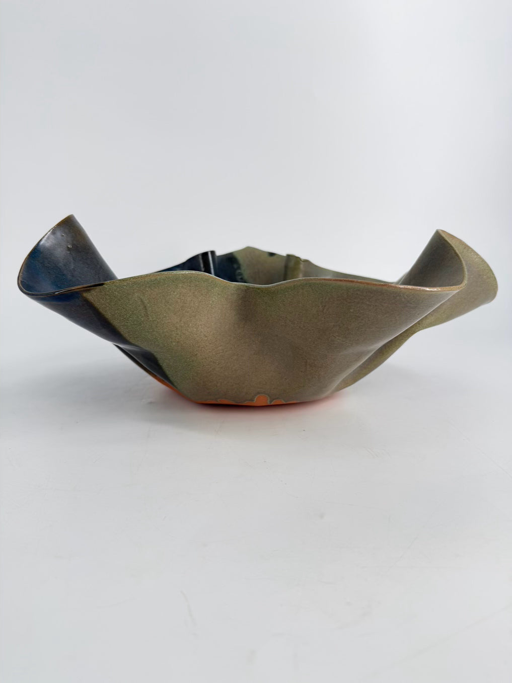 SIGNED Green & Blue Pottery Large Leaf Bowl