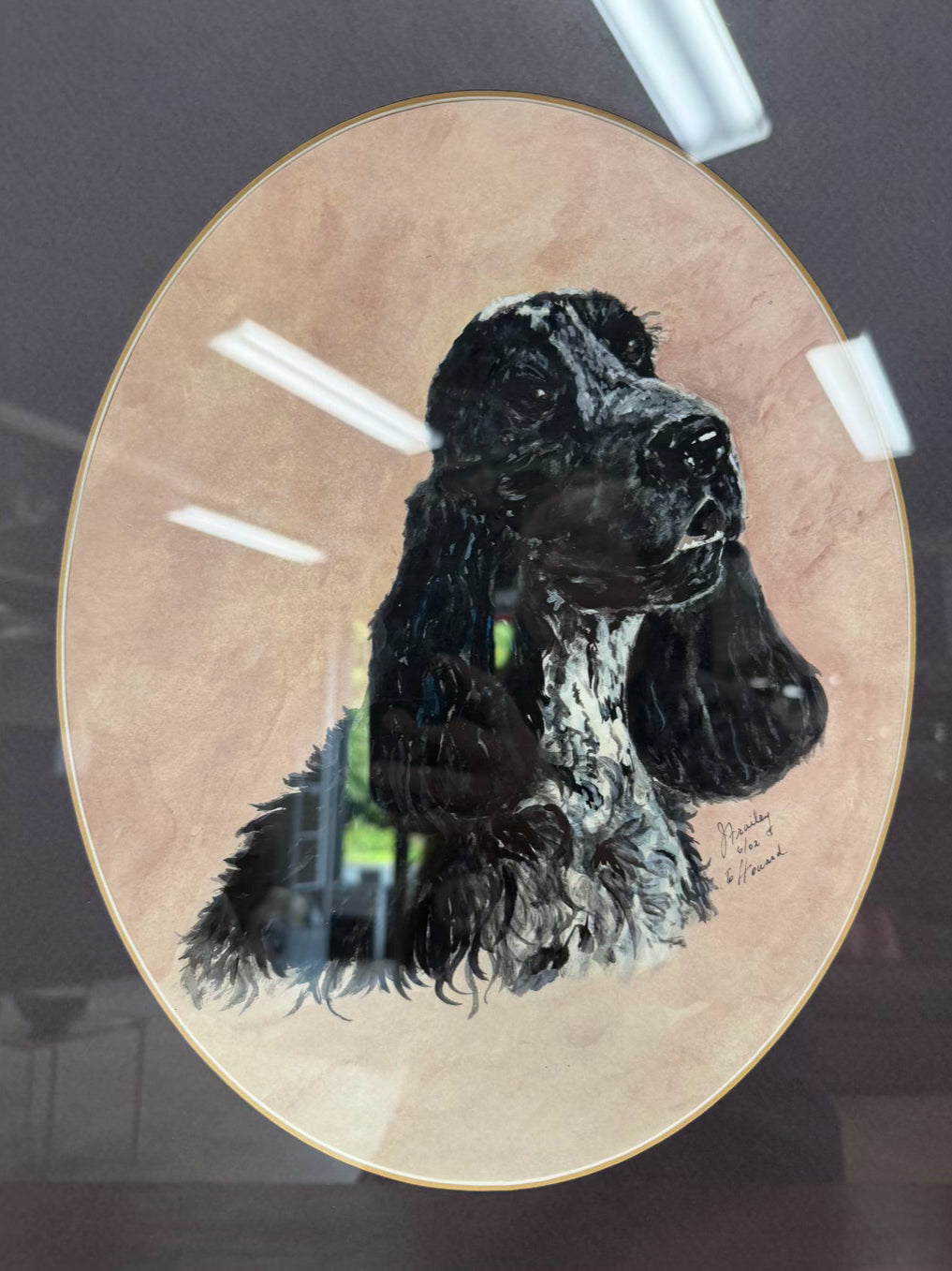 J. FRAILEY Black & White Spaniel Painting In Gold Frame
