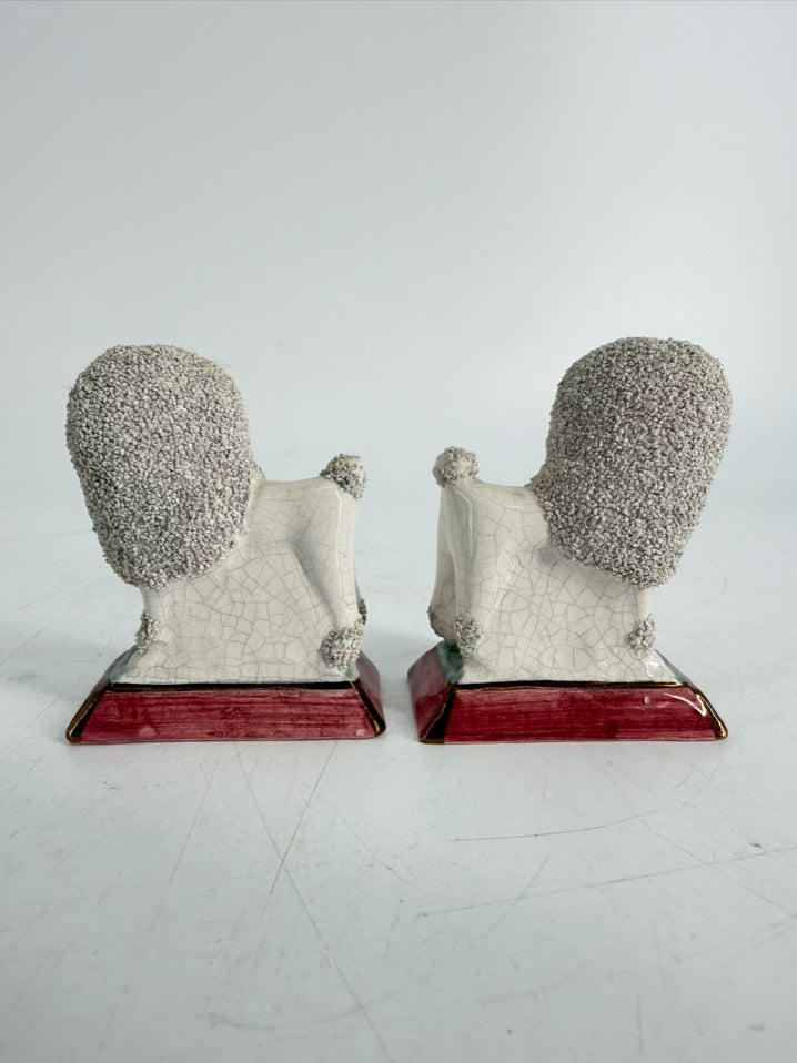 STAFFORDSHIRE White & Green Ceramic Confetti Poodle Pair Of Figurines