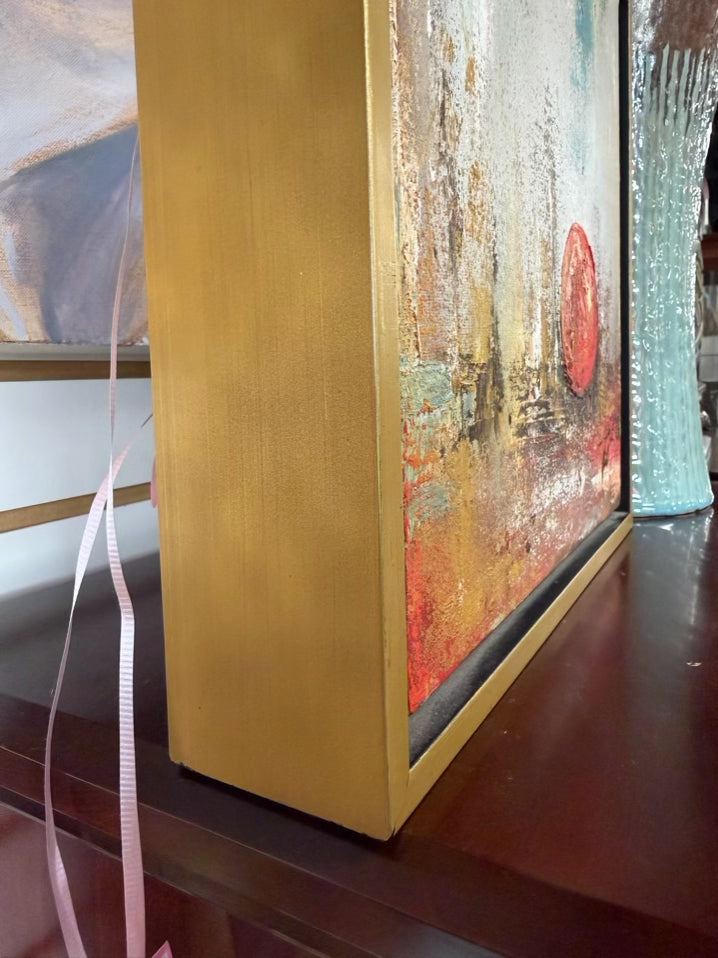 SIGNED Multi Colored Abstract Painting In Wide Gold Frame