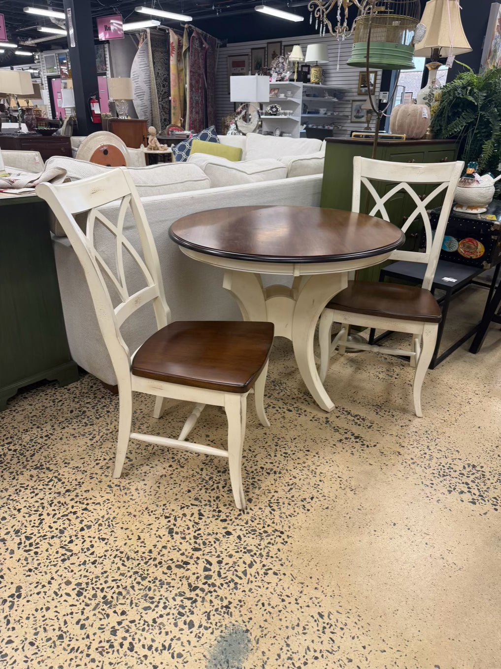 Brown & White Wood Round Table & 2 Chairs