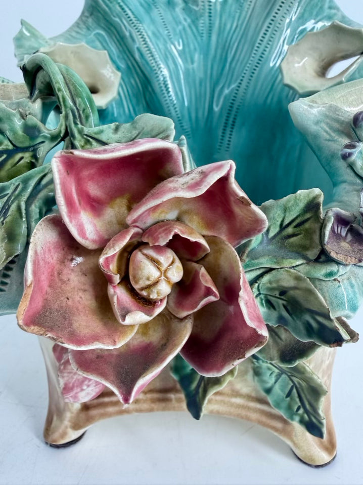 ENGLAND Aqua & Tan Majolica Pair Of Slip Pot Platters