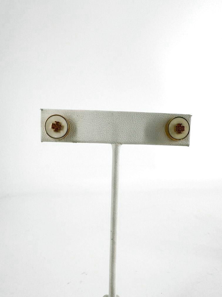 TORY BURCH Gold Tone & Cream Enamel Circle Stud Earrings