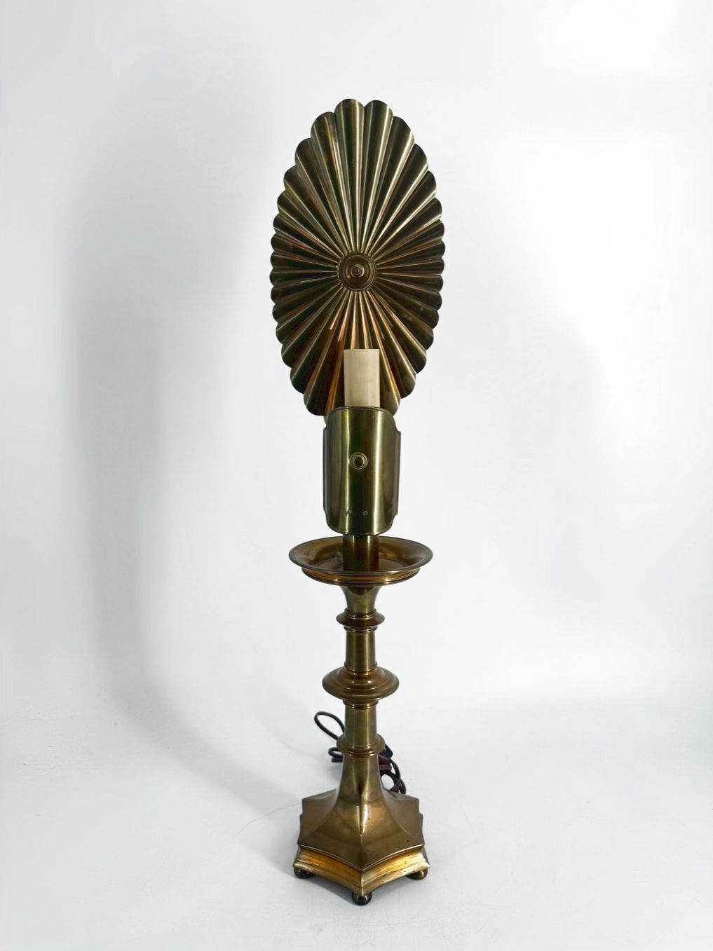 VINTAGE Brass Candlestick Table Lamp w/s Sunburst Reflector