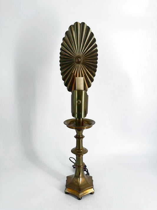 VINTAGE Brass Candlestick Table Lamp w/s Sunburst Reflector