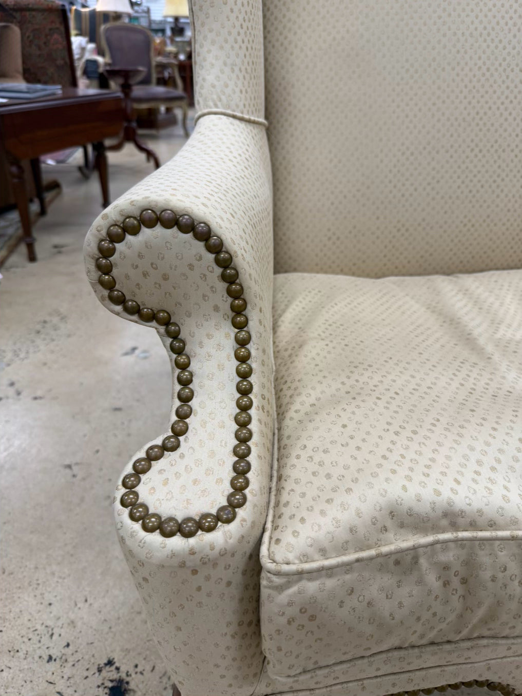VINTAGE Queen Ann Ivory Pair Of Wingback Chairs w/ Nail Head Detail