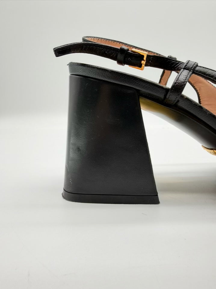 GUCCI WMNS Size 36.5 Black Leather Horsebit Accent Slingback Block Heel