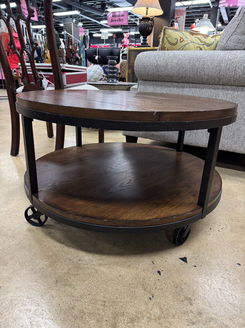 Wood & Metal Round Industrial Coffee Table on Wheels