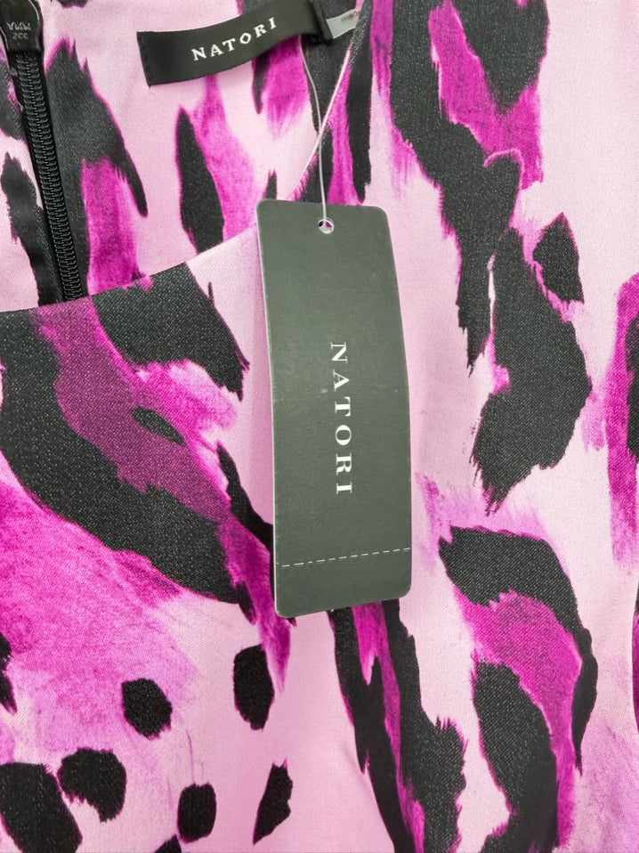 NATORI Wmn's Size 6 Fuschia & Black Belted Midi-Dress NWT