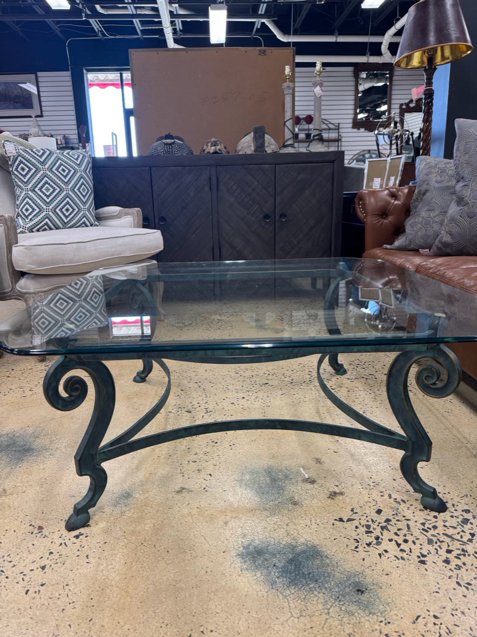 Glass & Green Metal Square Coffee Table
