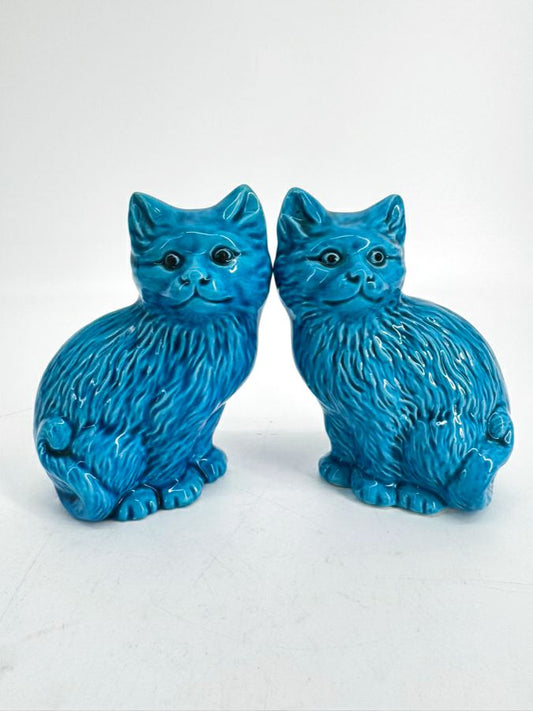 VINTAGE Blue Ceramic Pair of Cat Figurines