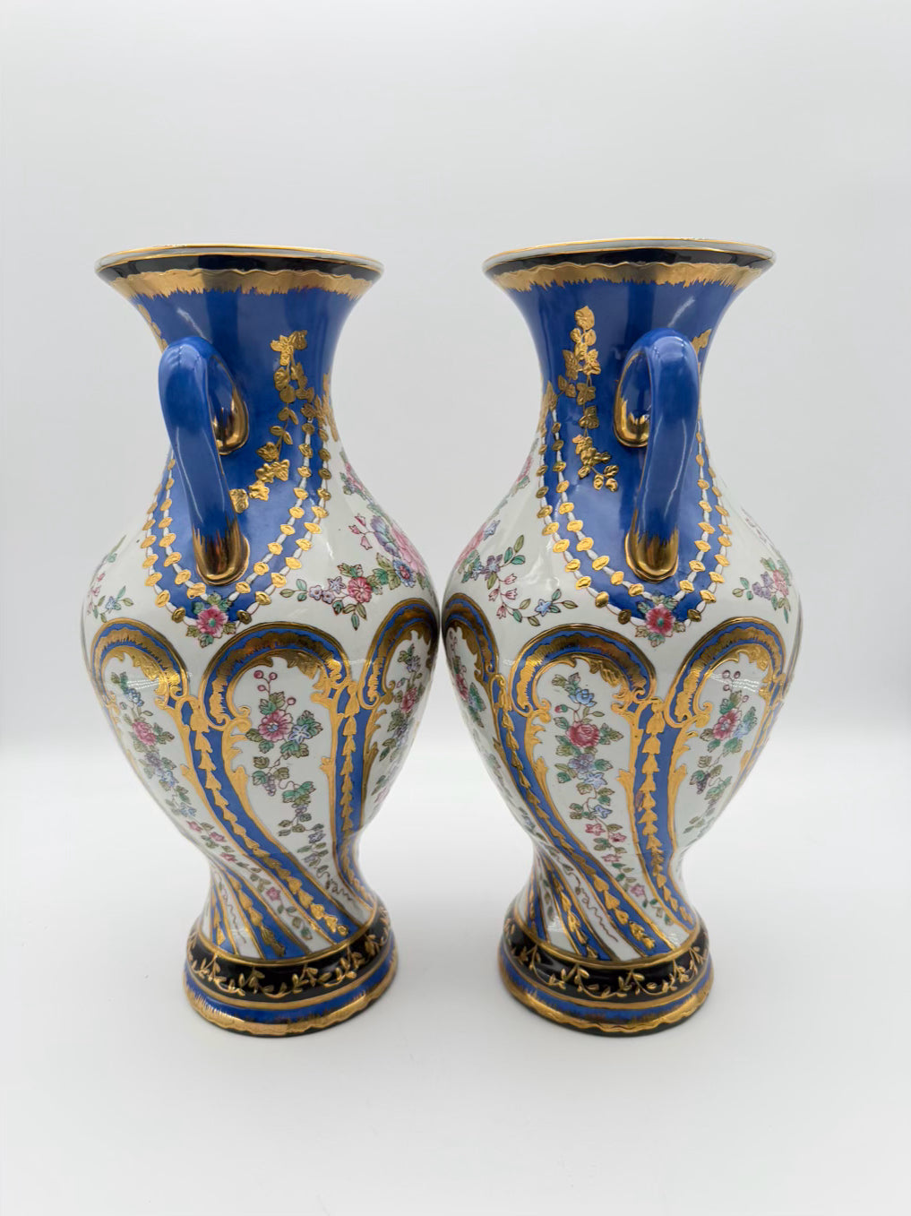 Blue, White, Pink & Green Amphora Floral Porcelain Pair Of Vases w/ Handles