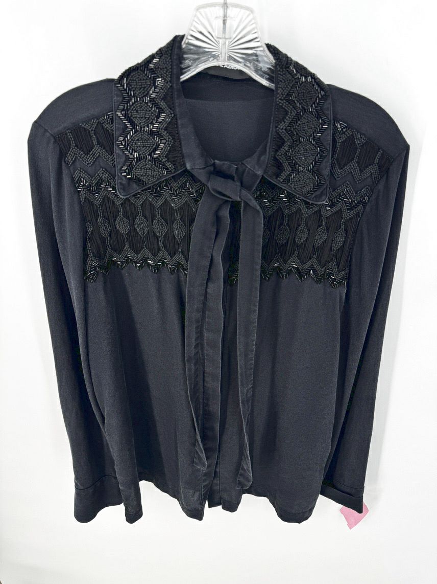 YIGAL AZROUEL Size 10 Black Silk Beaded Detail Tie Neck Blouse
