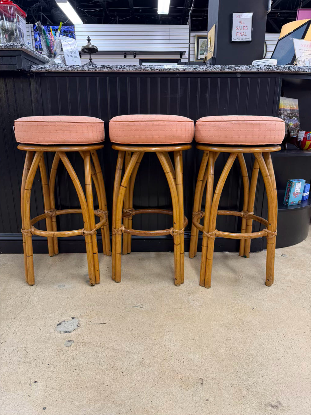 VINTAGE Natural Swivel Bamboo Set Of 3 Bar Stools w/ Fabric Seats