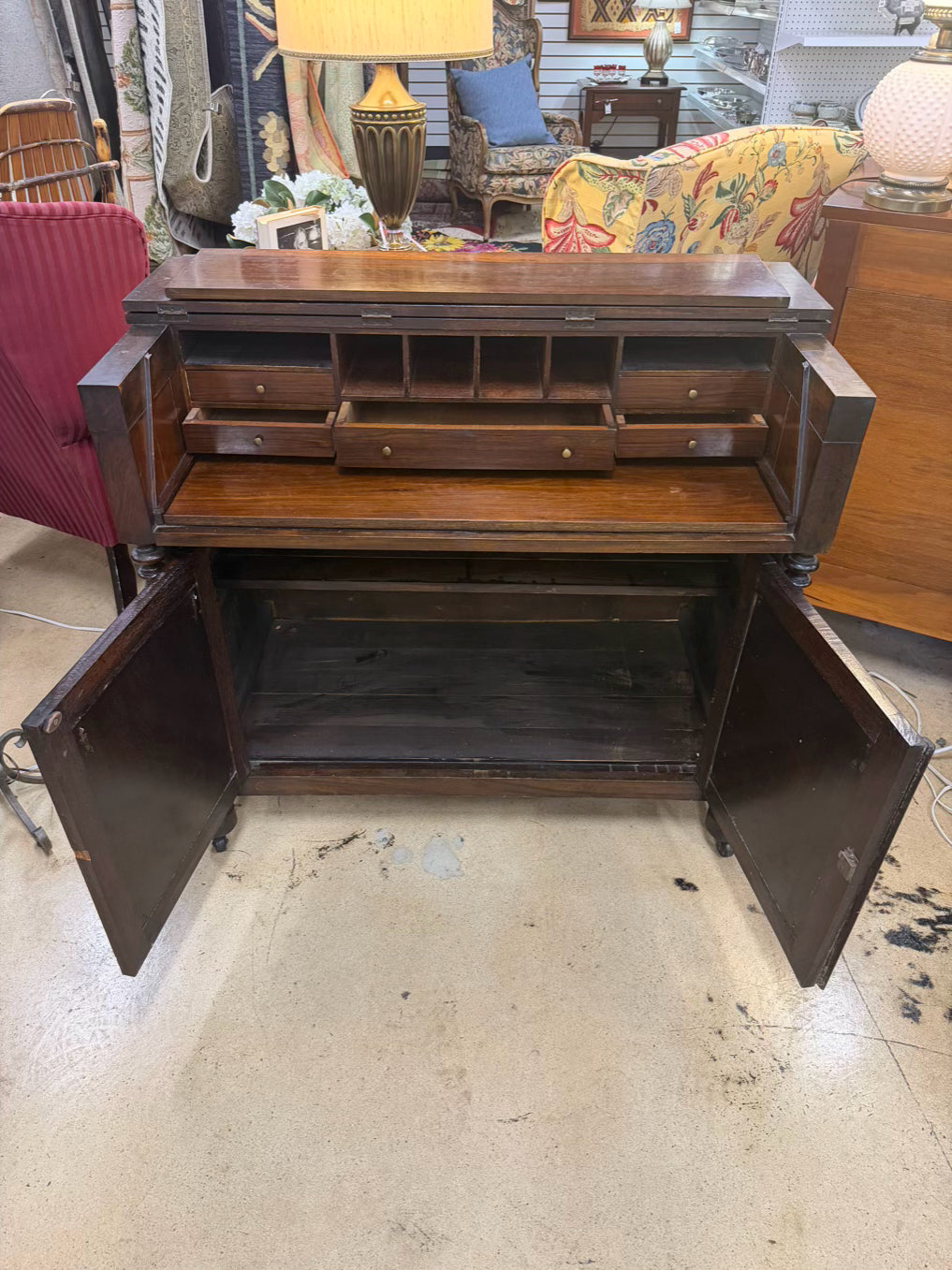 Dark Wood Drop Front Desk w/ Lower Cabinet