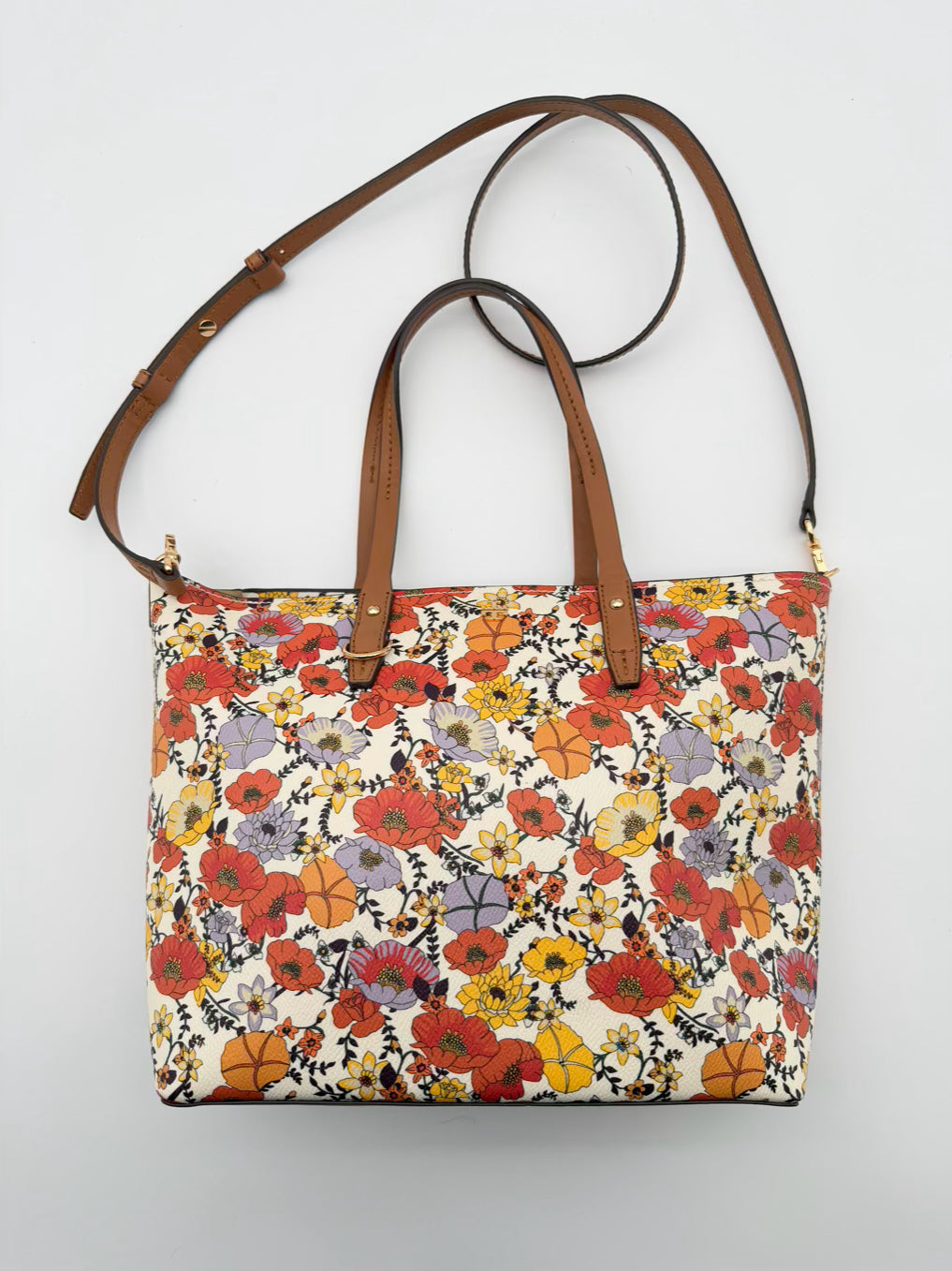 TORY BURCH Kerrington Blossom Ditsy Red & Purple Saffiano Leather Floral Purse