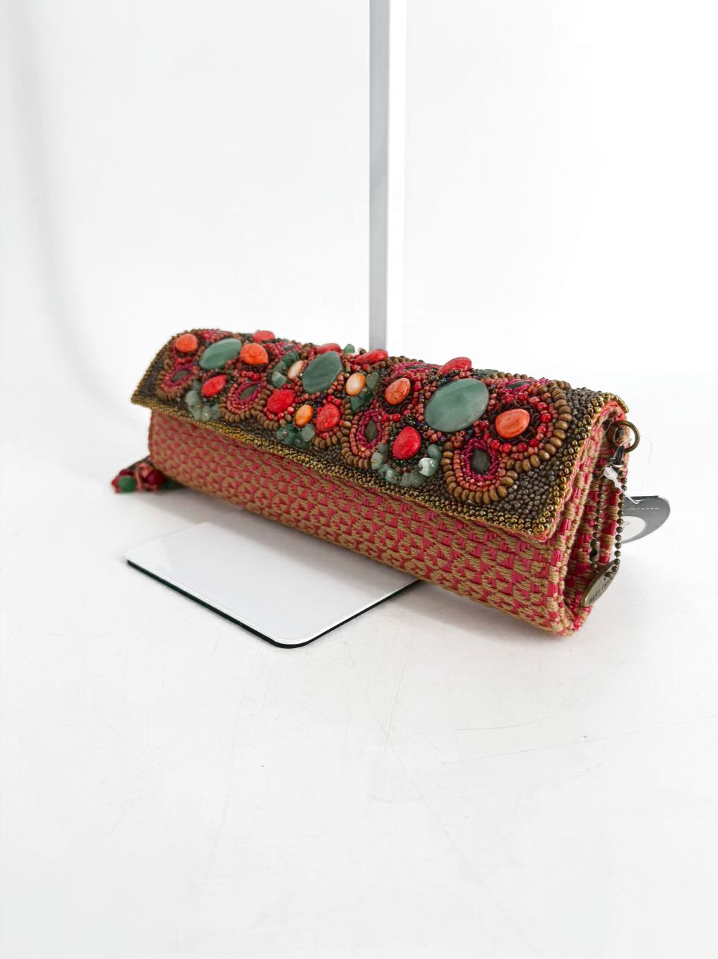MARY FRANCES Orange, Blue & Pink Fabric & Beads Beaded Clutch Bag NWT