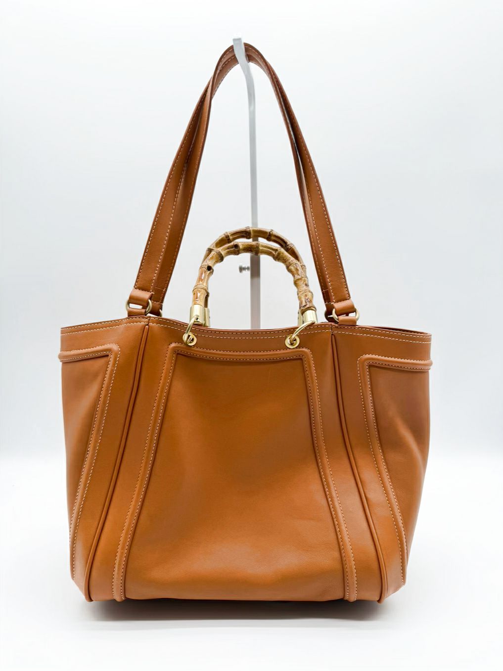 J MCLAUGHLIN Cognac Leather Purse w/ Bamboo Handle