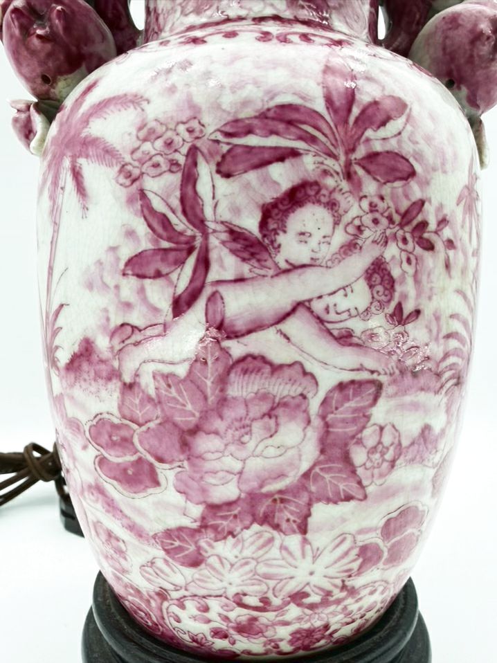 Pink & White Chinoiserie Porcelain Jar Lamp On Brown Wooden Base