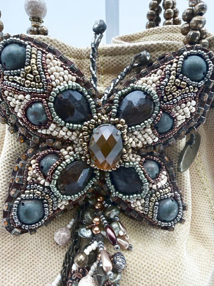 MARY FRANCES Flustered Beige Beaded Butterfly Drawstring Bucket Bag