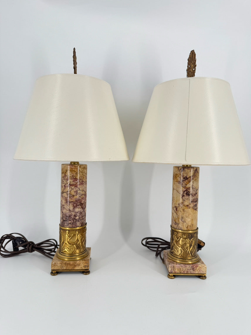 Cream & Pink Marble & Brass Trim Neoclassical Gladiators Pair of Lamps