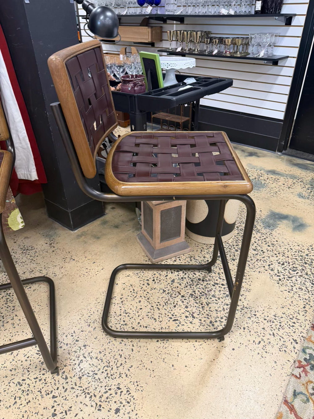 REVIVAL Brown Leather & Metal Pair Of Bar Stools