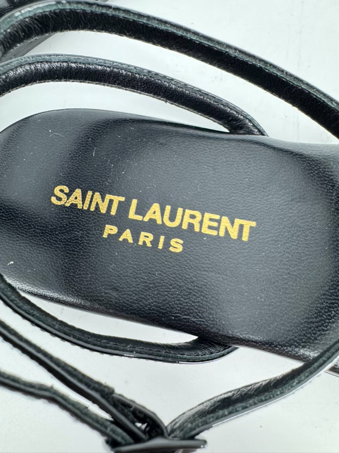 SAINT LAURENT Size 37.5 Black Leather Logo Sandals