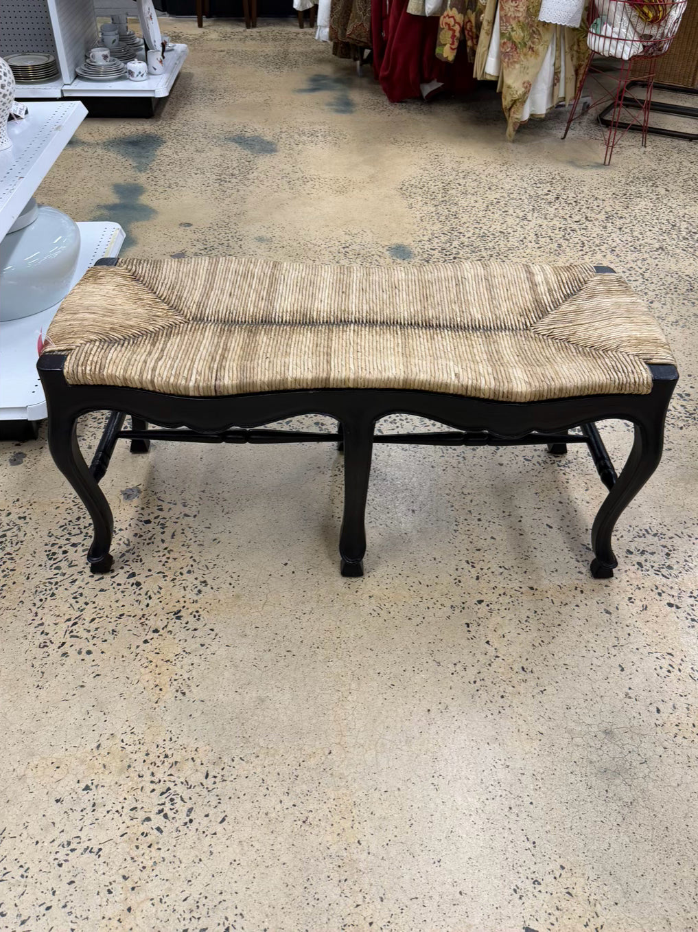 Black Wood French Bench w/ Natural Woven Rush Seat