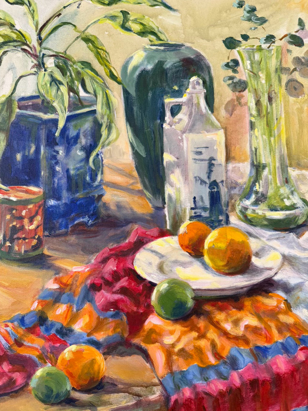 N J Anderson Still Life Stripe Scarf Painting In Brushed Gold Frame