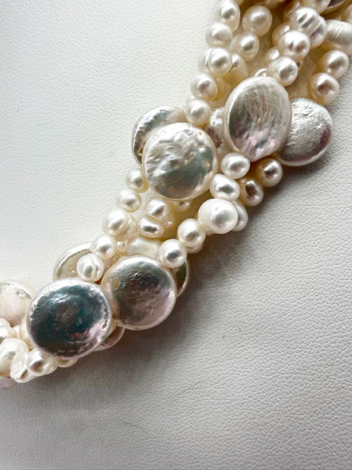 Iridescent Pearl Multi-Strands Necklace w/ 925 Clasp