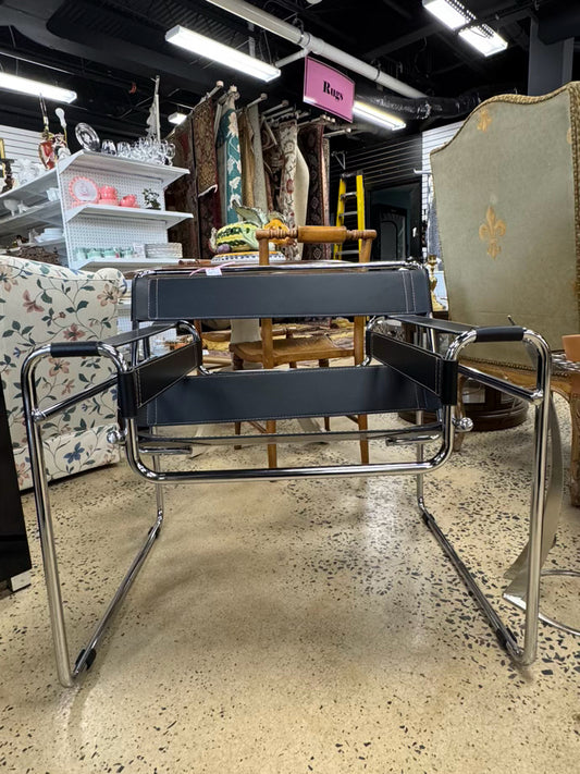 Silver & Black Metal & Faux Leather Mid Century Modern Chair