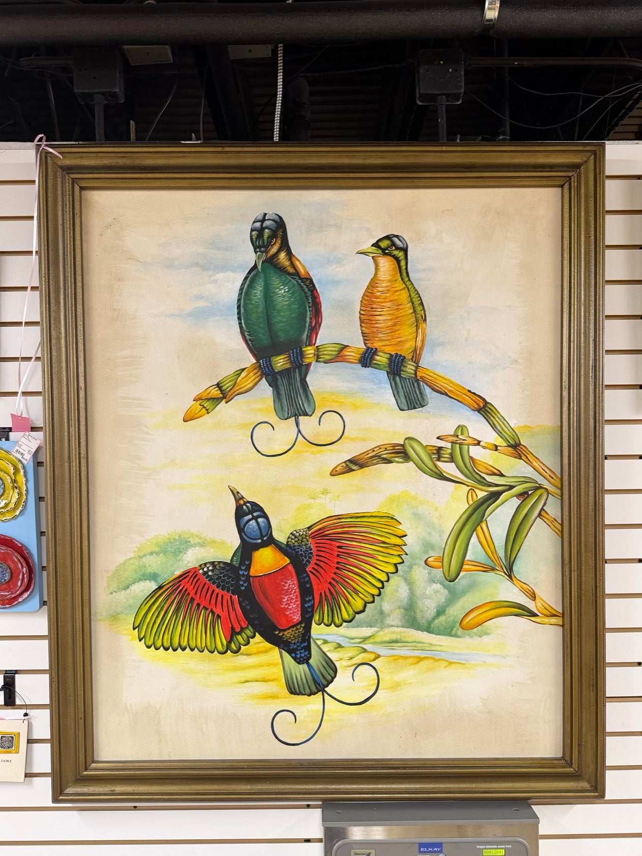 Large Tropical Birds Painting In Wood Frame