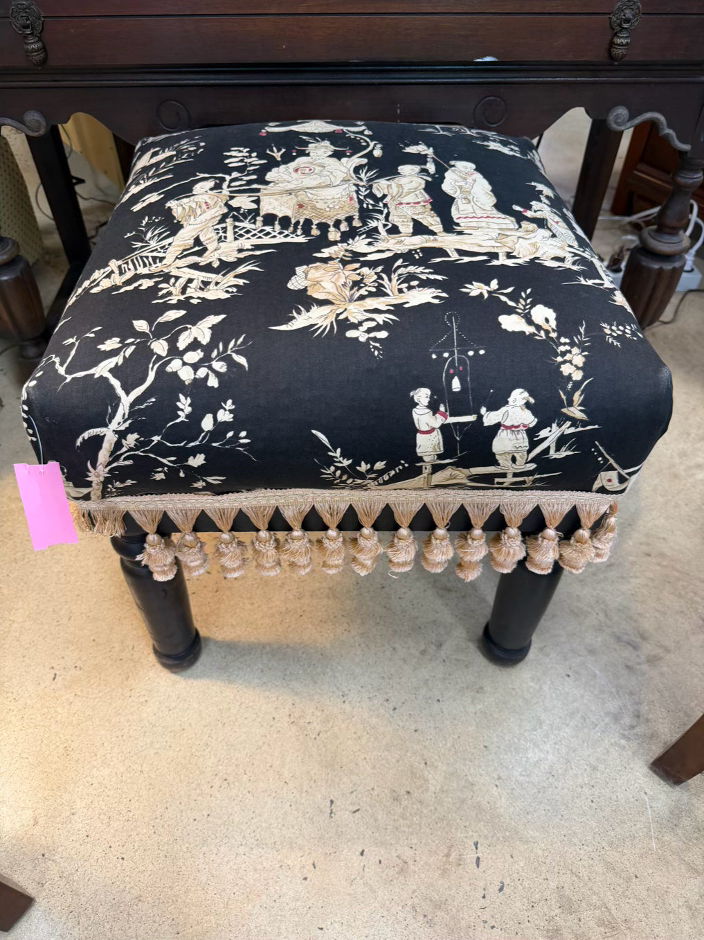 Black, Cream & Pink Wood Oriental Print Stool