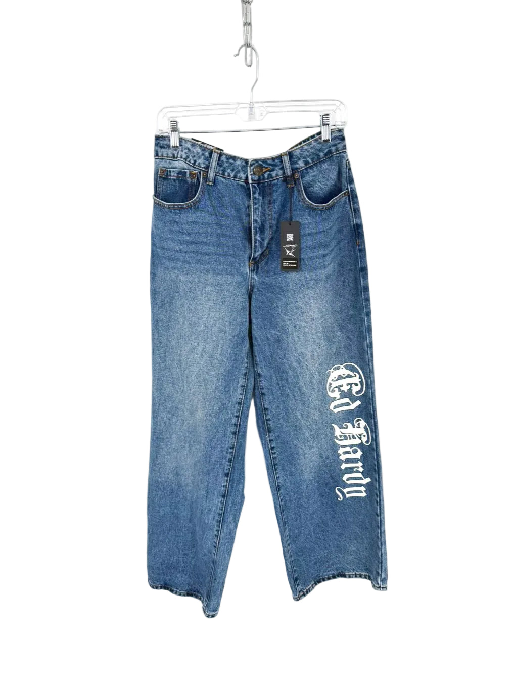 ED HARDY Size Wmn's 30 Born Free Loose Fit Wide Leg Blue Denim Print Jeans NWT