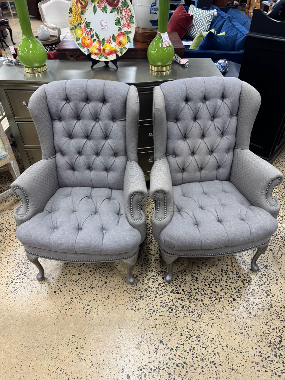Gray Tufted Wingback Pair of Chairs