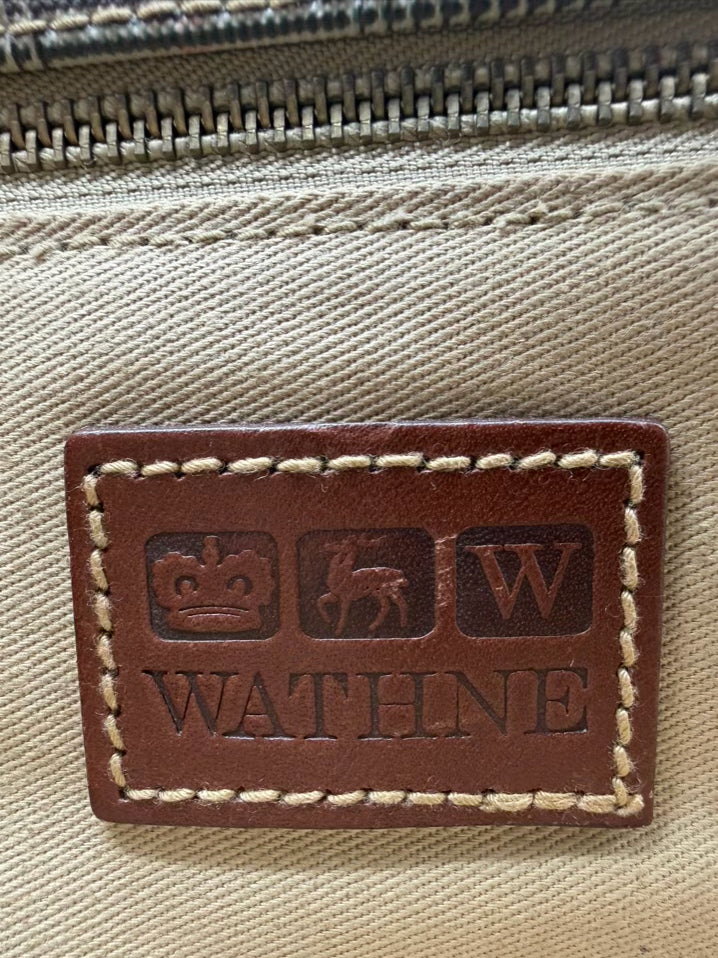 WATHNE Beige Coated Canvas Plaid Briefcase
