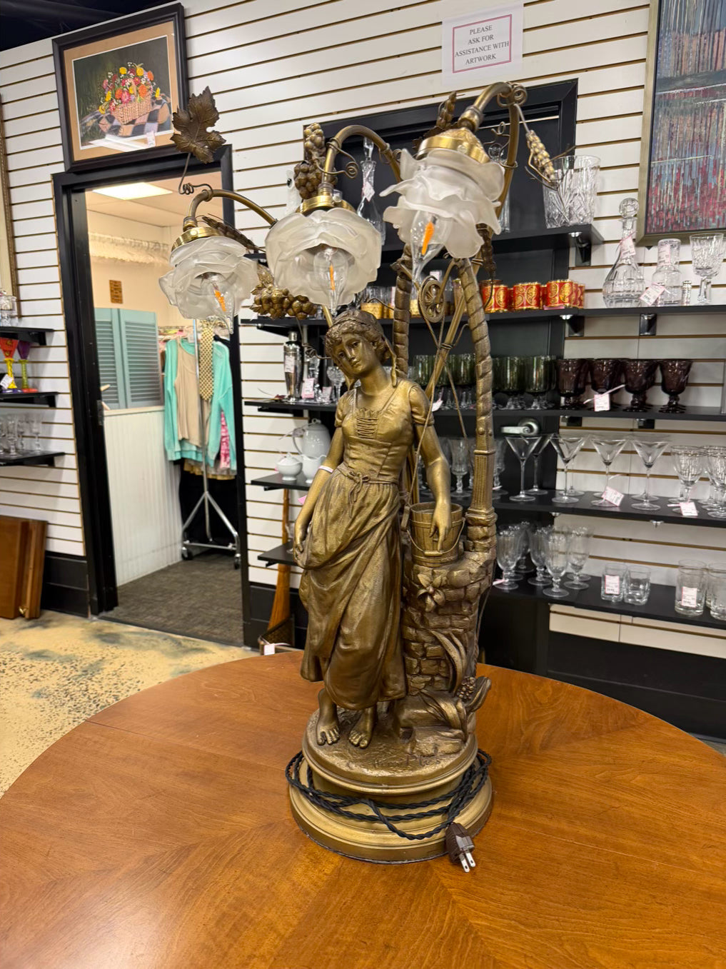 HENRI PLES Art Nouveau Woman by the Well Gold Metal Lamp