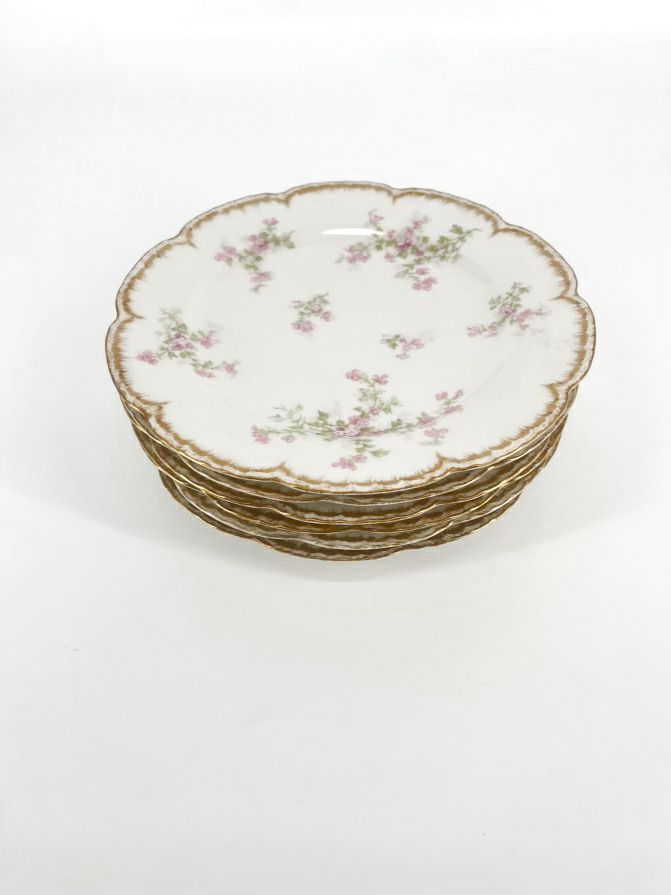 LIMOGES Pink Flowers W/ Gold Trim Set of 6 Plates