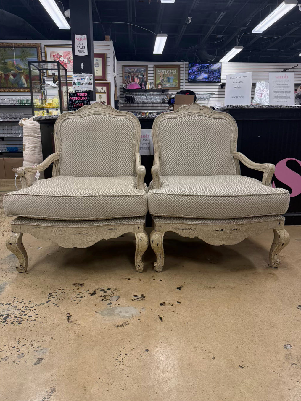 Cream Crackle Louis XV Oversized Pair Of Chairs w/ Taupe & White Fabric