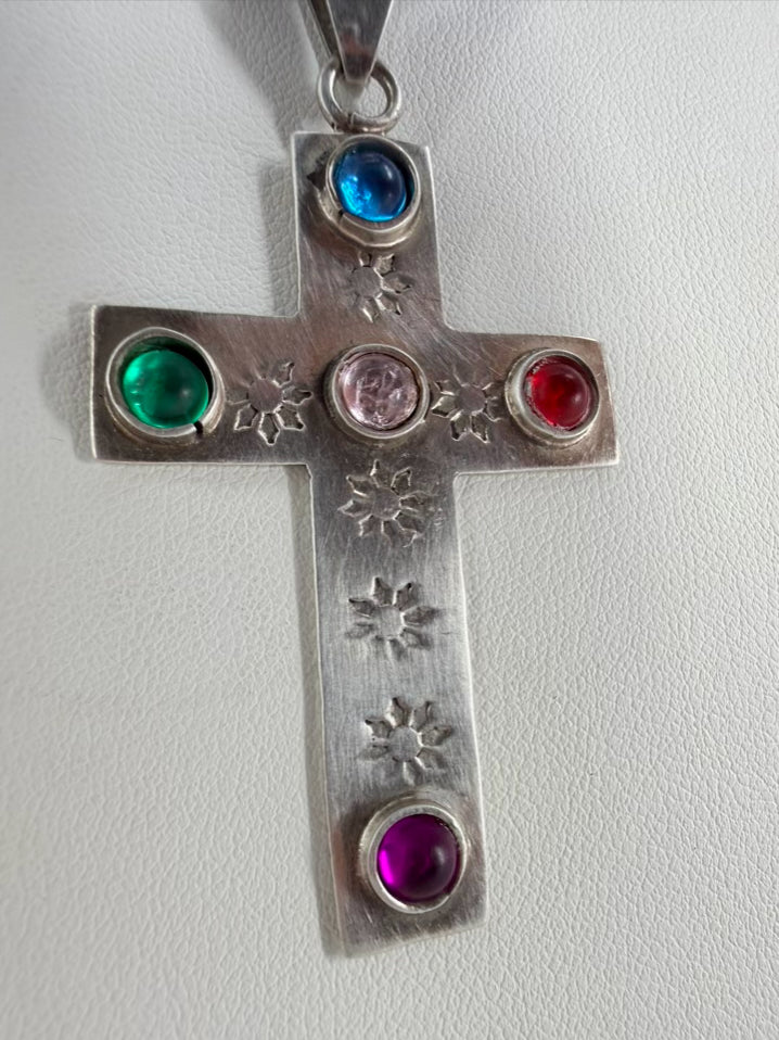 MEXICAN STERLING SILVER Multi Colored Cross Necklace