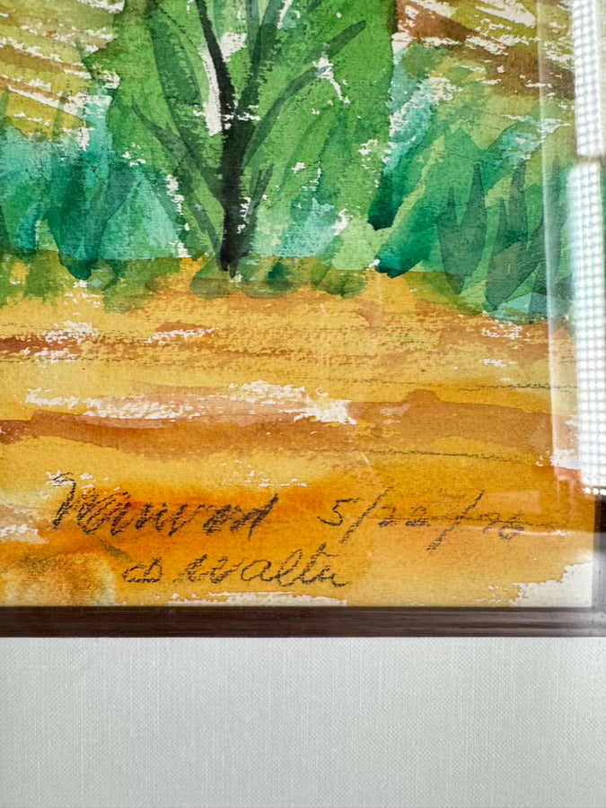 SIGNED Barn w/ Mountain View Watercolor in Burlwood Frame