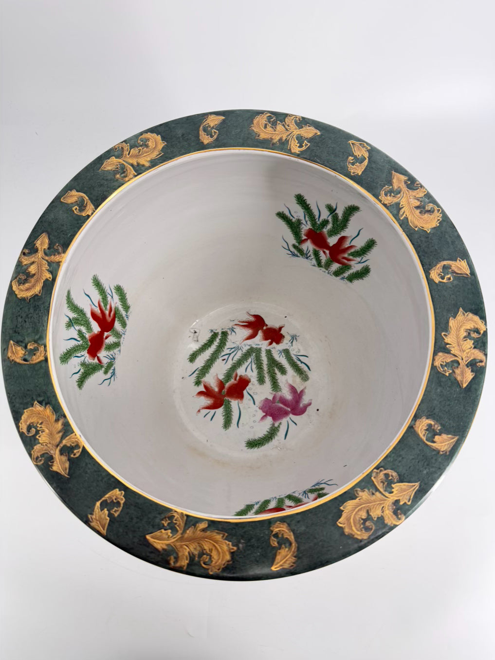 Green, White & Gold Porcelain Fish Bowl Oriental Planter