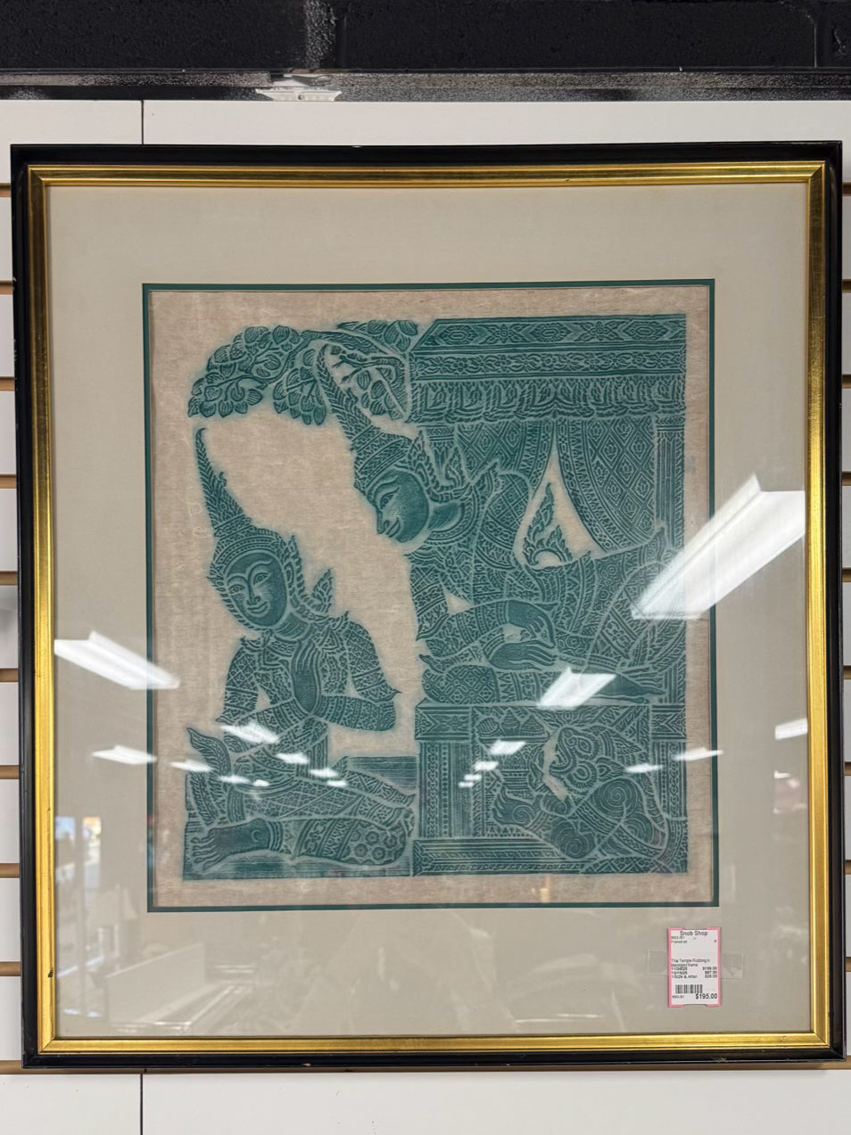 Turquoise Thai Temple Rubbing in Black & Gold Frame