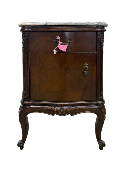 FRENCH White & Brown Commode Marble & Wood Nightstand w/ Drawer