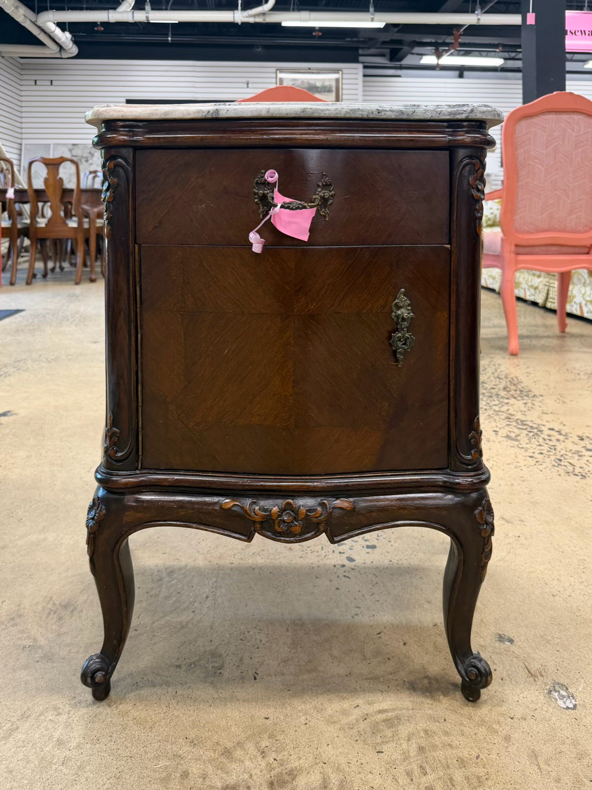 FRENCH White & Brown Commode Marble & Wood Nightstand w/ Drawer