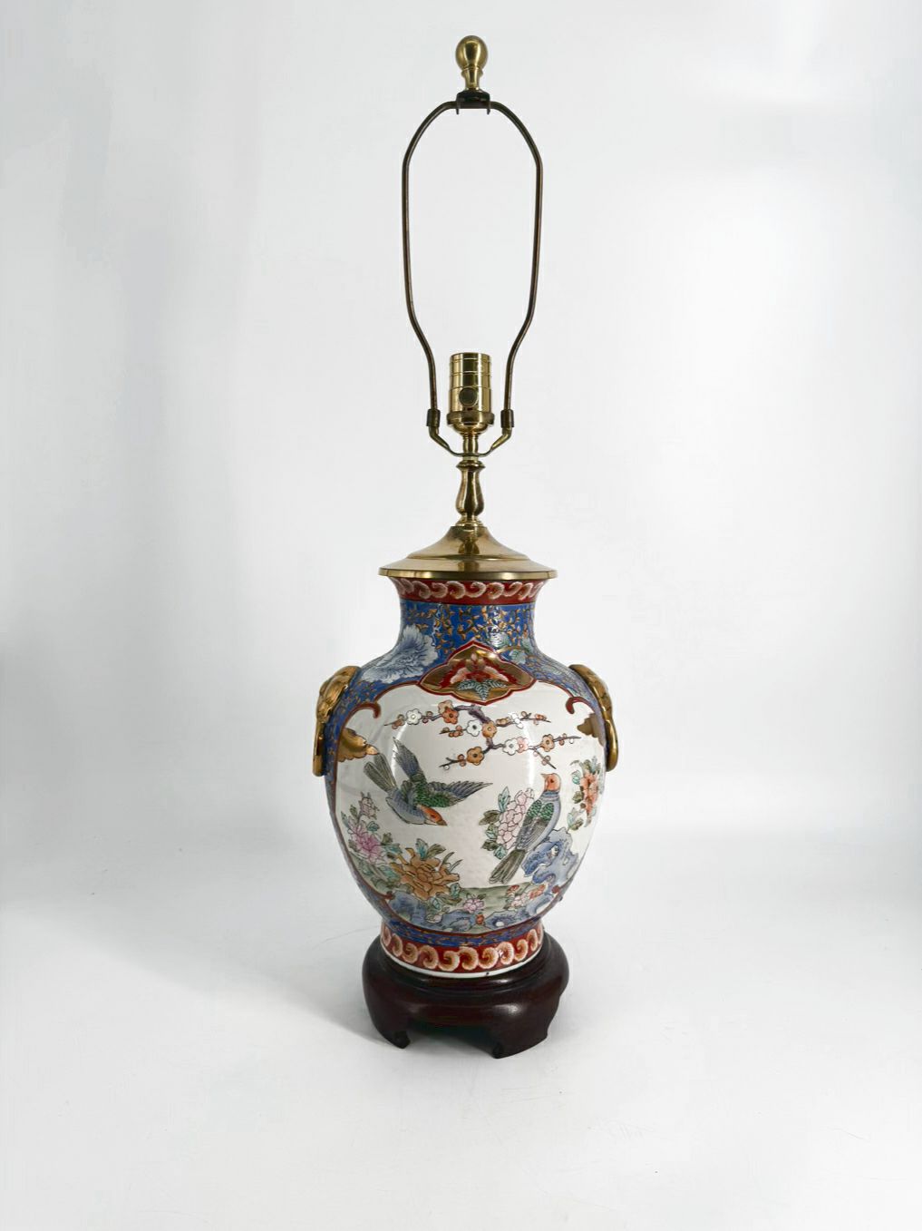 Blue, White & Rust Oriental Porcelain Birds Lamp No Shade