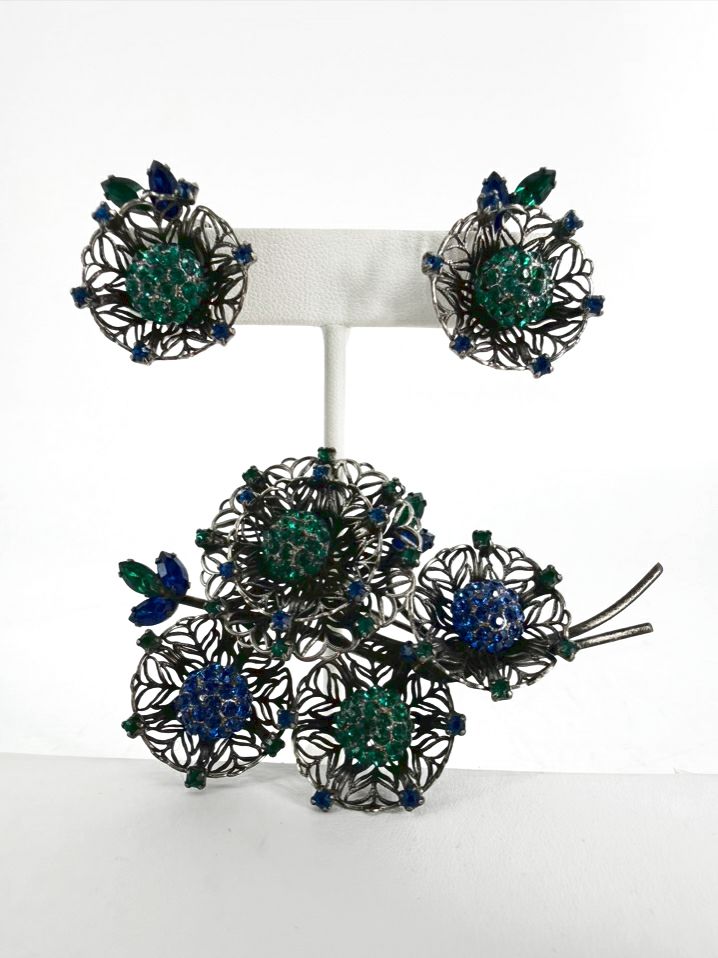 VENDOME Green & Black Mesh Wire Flower Brooch & Earring Set